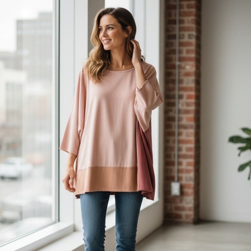 WynneLayers Luxe Crepe Colorblock Top Womens Large Shell Pink Camel Marla Wynne - Picture 9 of 9